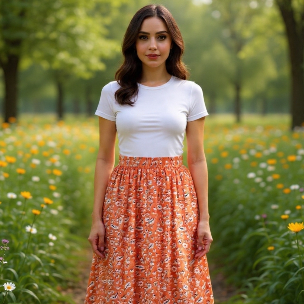 M/L🧡Vero Moda Floral Print Vibrant Orange A-Line Skirt